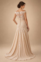 A-Line Chiffon 3/4 Flutter Sleeves Mother of the Bride & Groom Dresses with Beaded Lace Embroidered Bodice (SHI22500645)