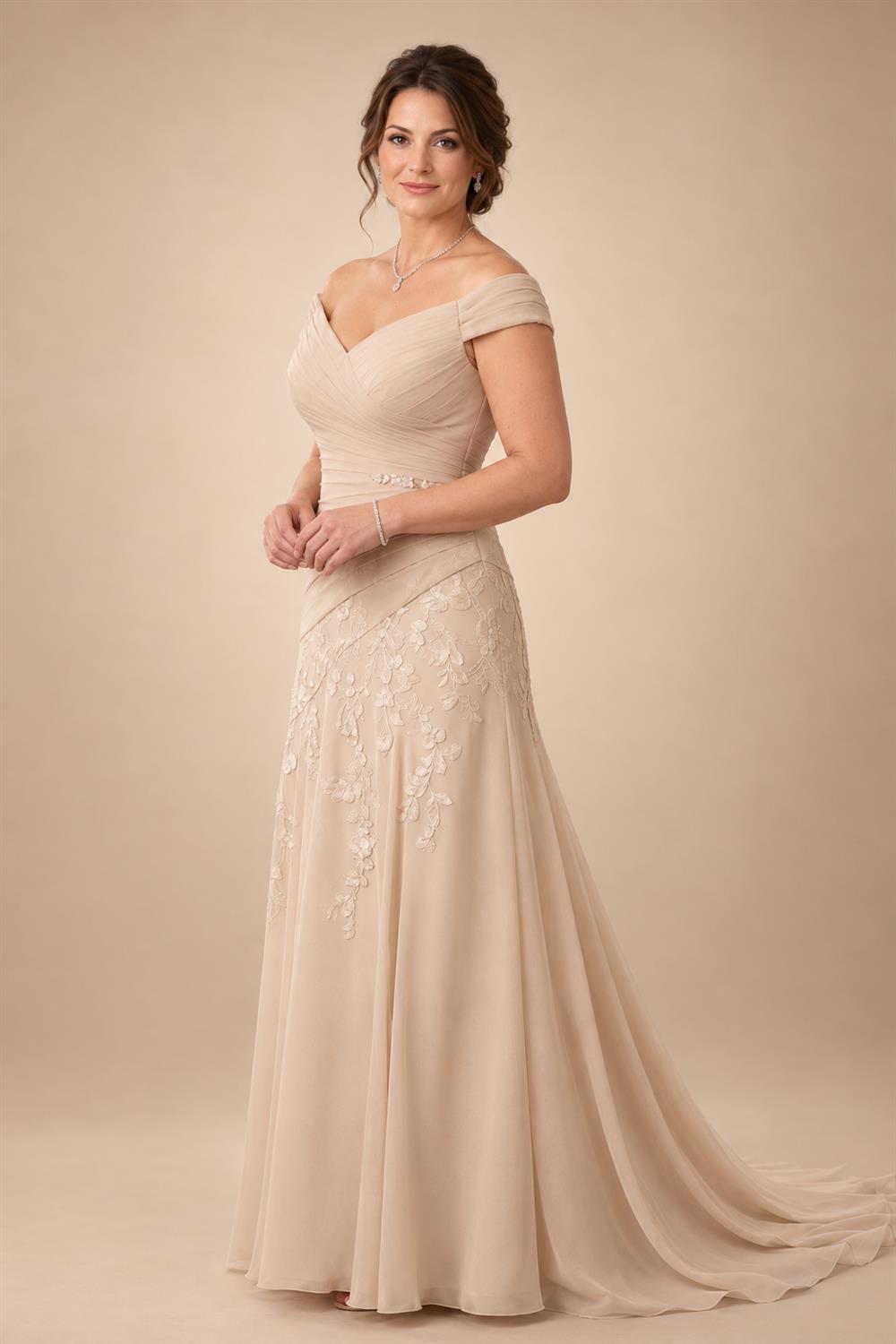 Chiffon Lace A-Line/Princess Off Shoulder Long Mother of the Bride & Groom Dresses with Ruched Waist & Sweep Train (SHI22501250)