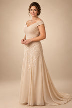 Chiffon Lace A-Line/Princess Off Shoulder Long Mother of the Bride & Groom Dresses with Ruched Waist & Sweep Train (SHI22501250)
