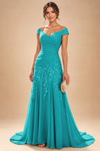 Chiffon Lace A-Line/Princess Off Shoulder Long Mother of the Bride & Groom Dresses with Ruched Waist & Sweep Train (SHI22501250)
