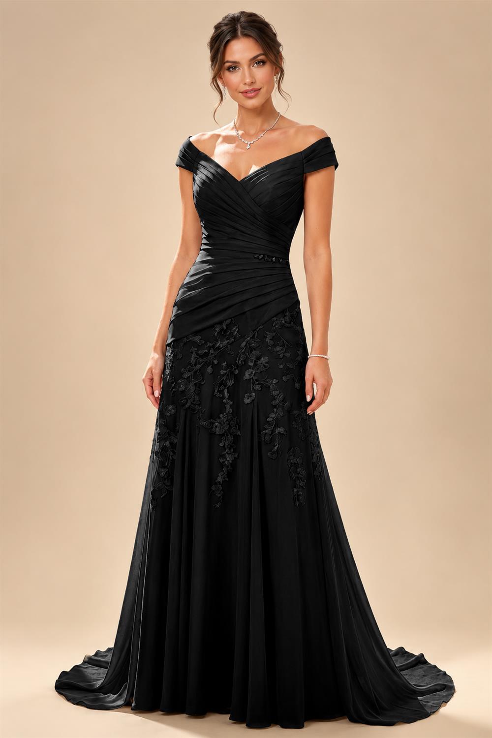 Chiffon Lace A-Line/Princess Off Shoulder Long Mother of the Bride & Groom Dresses with Ruched Waist & Sweep Train (SHI22501250)
