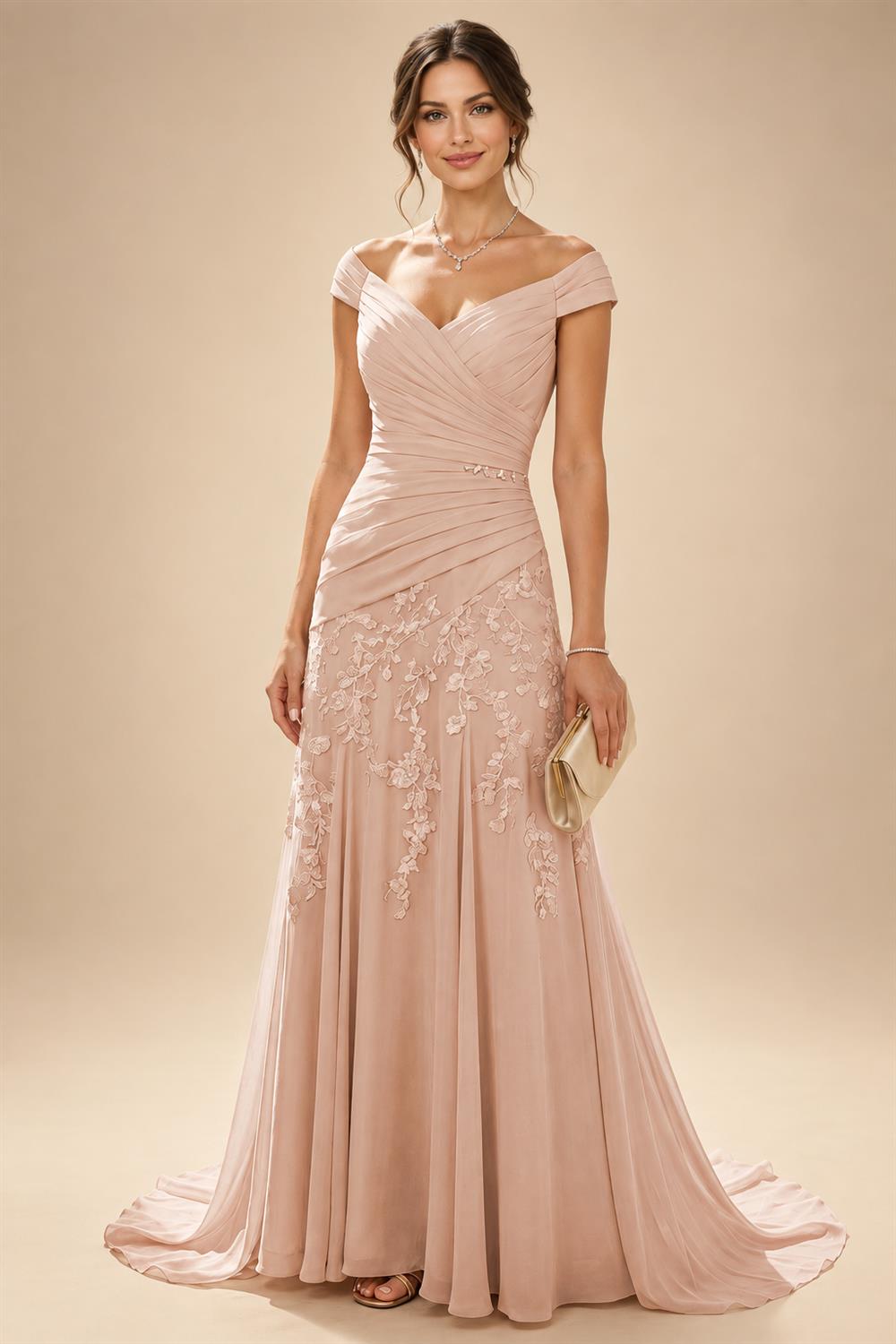 Chiffon Lace A-Line/Princess Off Shoulder Long Mother of the Bride & Groom Dresses with Ruched Waist & Sweep Train (SHI22501250)