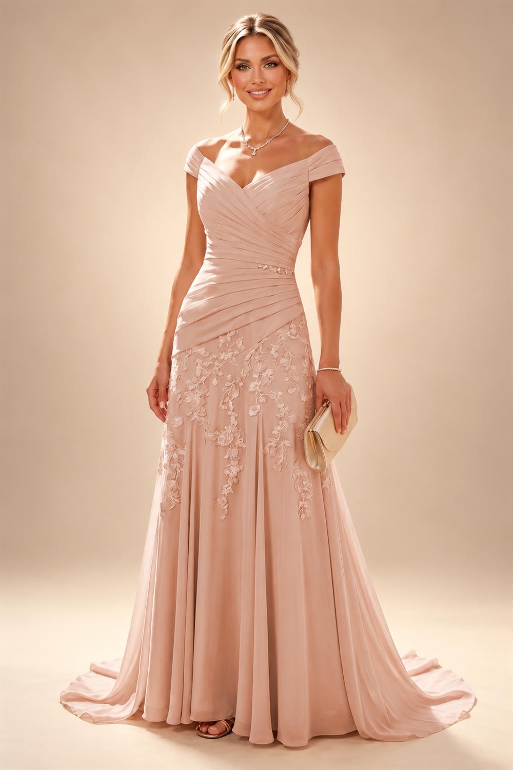 Chiffon Lace A-Line/Princess Off Shoulder Long Mother of the Bride & Groom Dresses with Ruched Waist & Sweep Train (SHI22501250)