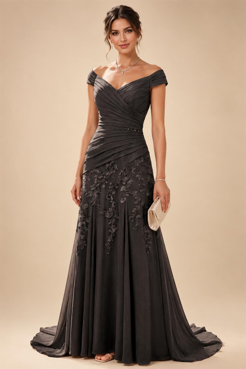 Chiffon Lace A-Line/Princess Off Shoulder Long Mother of the Bride & Groom Dresses with Ruched Waist & Sweep Train (SHI22501250)
