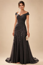 Chiffon Lace A-Line/Princess Off Shoulder Long Mother of the Bride & Groom Dresses with Ruched Waist & Sweep Train (SHI22501250)