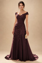 Chiffon Lace A-Line/Princess Off Shoulder Long Mother of the Bride & Groom Dresses with Ruched Waist & Sweep Train (SHI22501250)