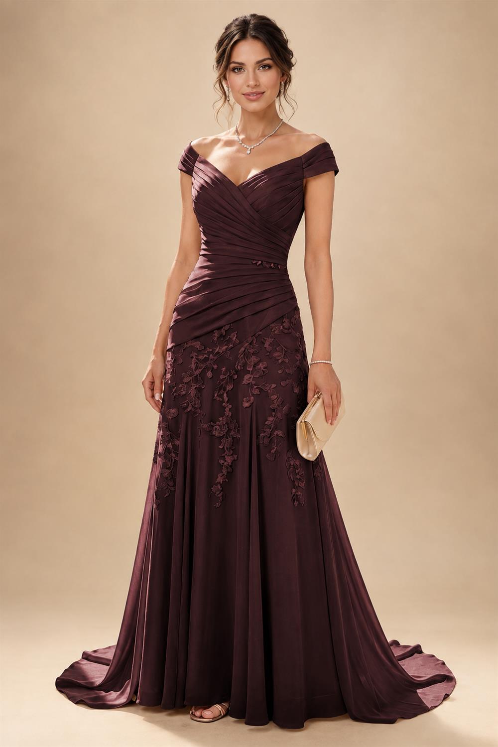 Chiffon Lace A-Line/Princess Off Shoulder Long Mother of the Bride & Groom Dresses with Ruched Waist & Sweep Train (SHI22501250)
