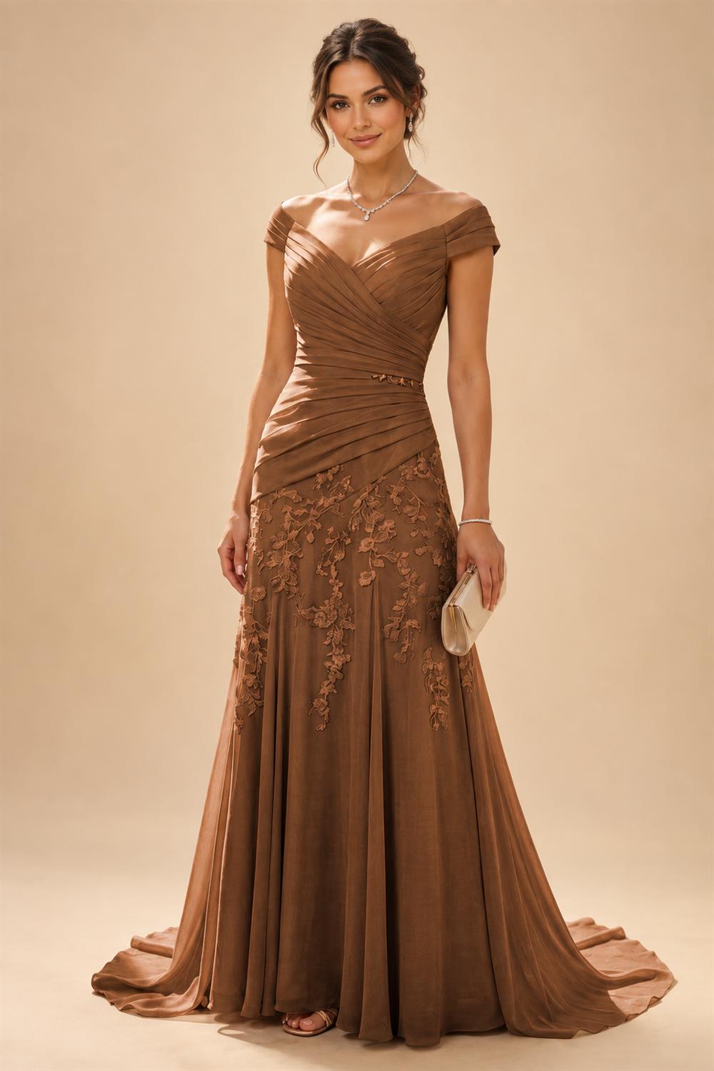 Chiffon Lace A-Line/Princess Off Shoulder Long Mother of the Bride & Groom Dresses with Ruched Waist & Sweep Train (SHI22501250)