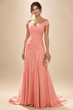 Chiffon Lace A-Line/Princess Off Shoulder Long Mother of the Bride & Groom Dresses with Ruched Waist & Sweep Train (SHI22501250)