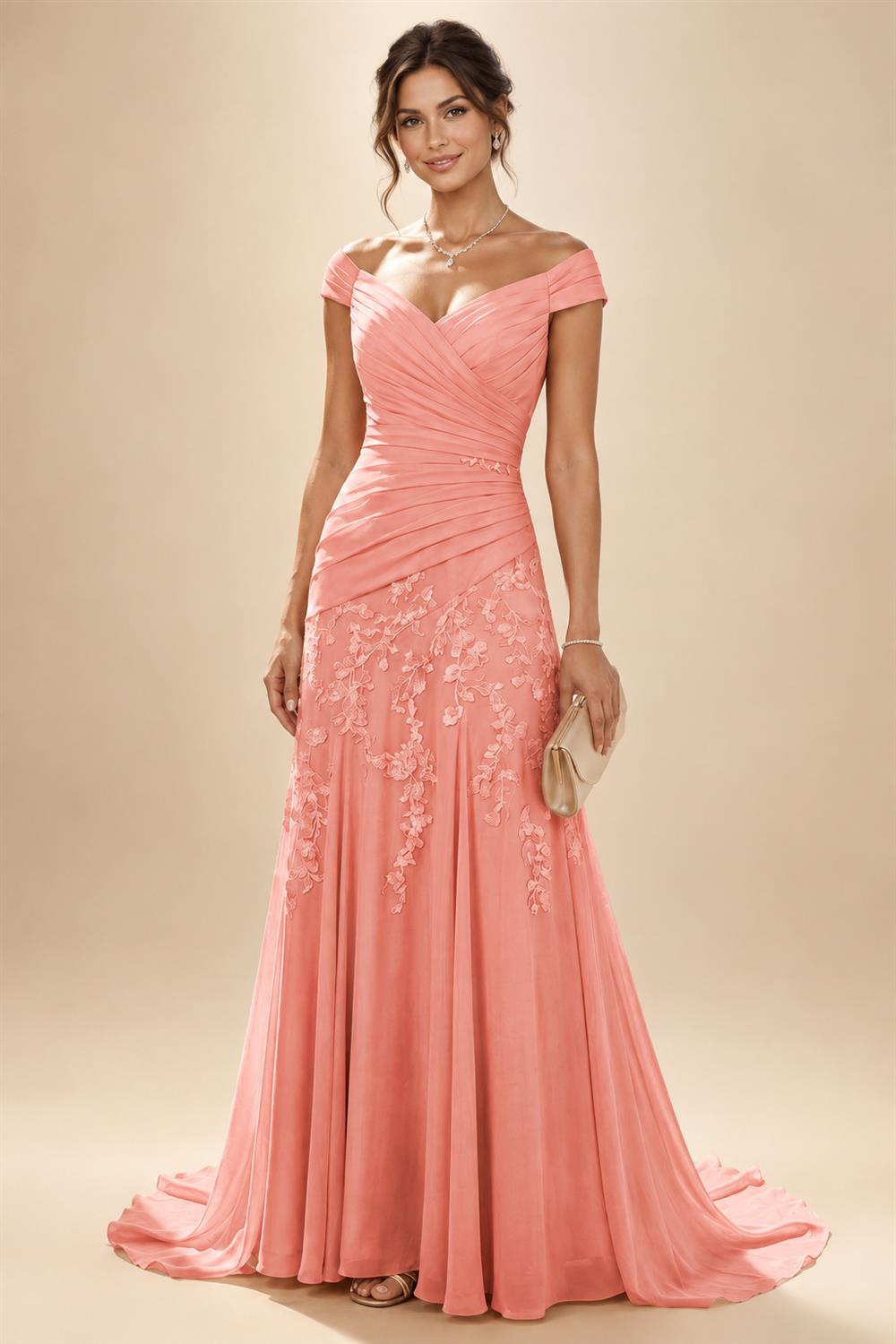 Chiffon Lace A-Line/Princess Off Shoulder Long Mother of the Bride & Groom Dresses with Ruched Waist & Sweep Train (SHI22501250)