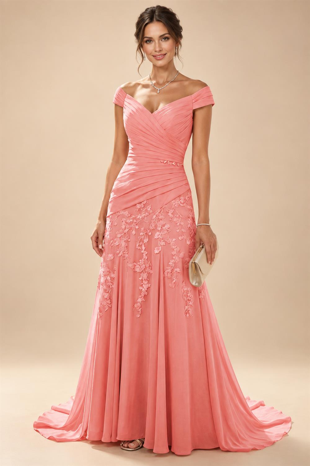 Chiffon Lace A-Line/Princess Off Shoulder Long Mother of the Bride & Groom Dresses with Ruched Waist & Sweep Train (SHI22501250)