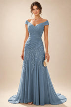 Chiffon Lace A-Line/Princess Off Shoulder Long Mother of the Bride & Groom Dresses with Ruched Waist & Sweep Train (SHI22501250)