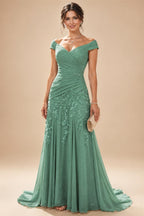Chiffon Lace A-Line/Princess Off Shoulder Long Mother of the Bride & Groom Dresses with Ruched Waist & Sweep Train (SHI22501250)