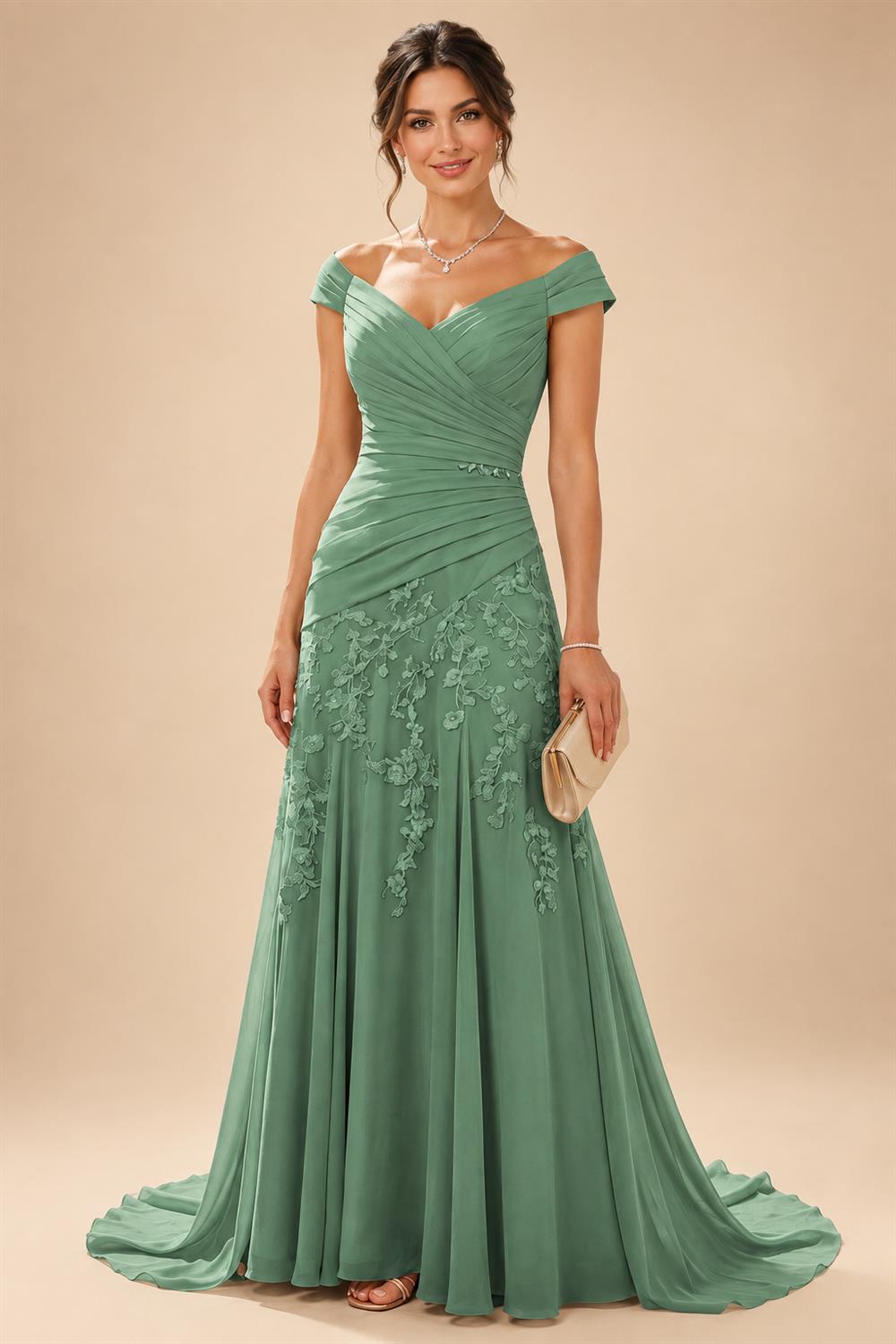 Chiffon Lace A-Line/Princess Off Shoulder Long Mother of the Bride & Groom Dresses with Ruched Waist & Sweep Train (SHI22501250)
