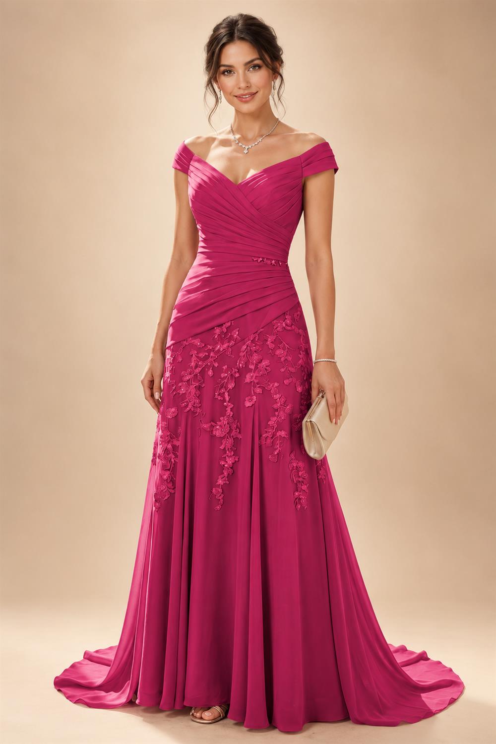 Chiffon Lace A-Line/Princess Off Shoulder Long Mother of the Bride & Groom Dresses with Ruched Waist & Sweep Train (SHI22501250)