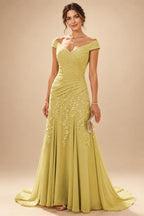 Chiffon Lace A-Line/Princess Off Shoulder Long Mother of the Bride & Groom Dresses with Ruched Waist & Sweep Train (SHI22501250)