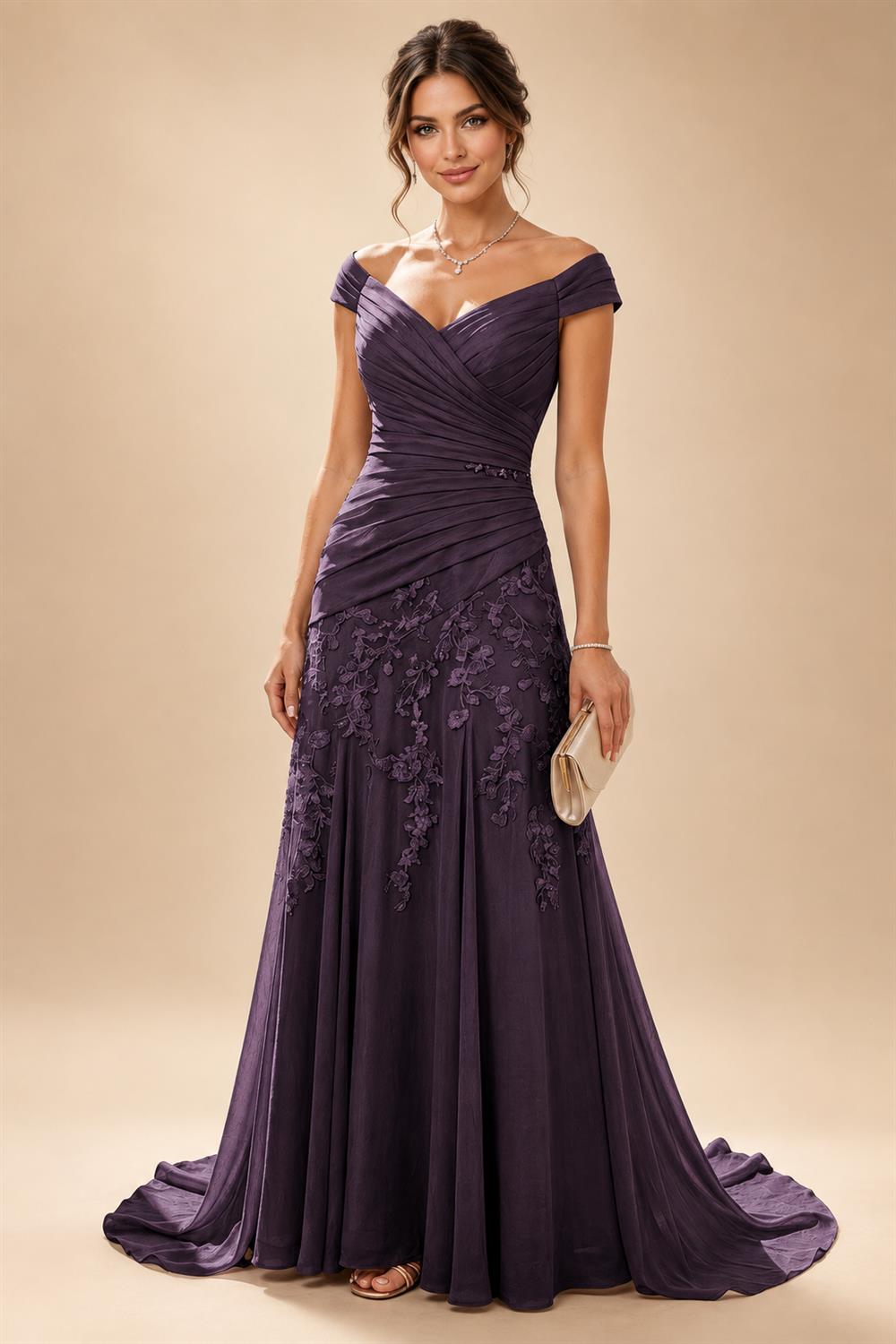Chiffon Lace A-Line/Princess Off Shoulder Long Mother of the Bride & Groom Dresses with Ruched Waist & Sweep Train (SHI22501250)