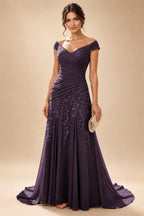 Chiffon Lace A-Line/Princess Off Shoulder Long Mother of the Bride & Groom Dresses with Ruched Waist & Sweep Train (SHI22501250)
