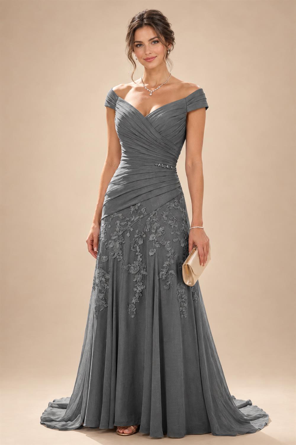 Chiffon Lace A-Line/Princess Off Shoulder Long Mother of the Bride & Groom Dresses with Ruched Waist & Sweep Train (SHI22501250)