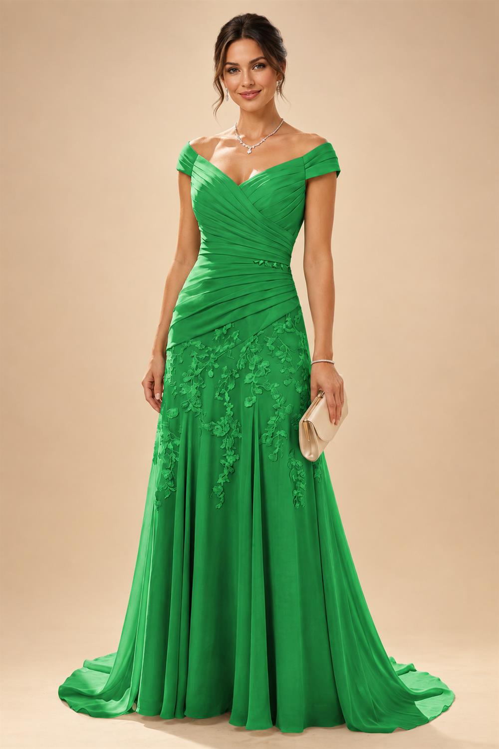 Chiffon Lace A-Line/Princess Off Shoulder Long Mother of the Bride & Groom Dresses with Ruched Waist & Sweep Train (SHI22501250)