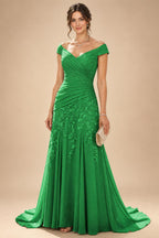 Chiffon Lace A-Line/Princess Off Shoulder Long Mother of the Bride & Groom Dresses with Ruched Waist & Sweep Train (SHI22501250)