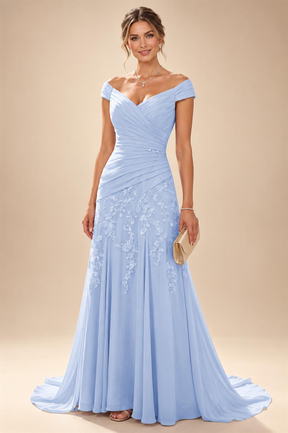 Chiffon Lace A-Line/Princess Off Shoulder Long Mother of the Bride & Groom Dresses with Ruched Waist & Sweep Train (SHI22501250)