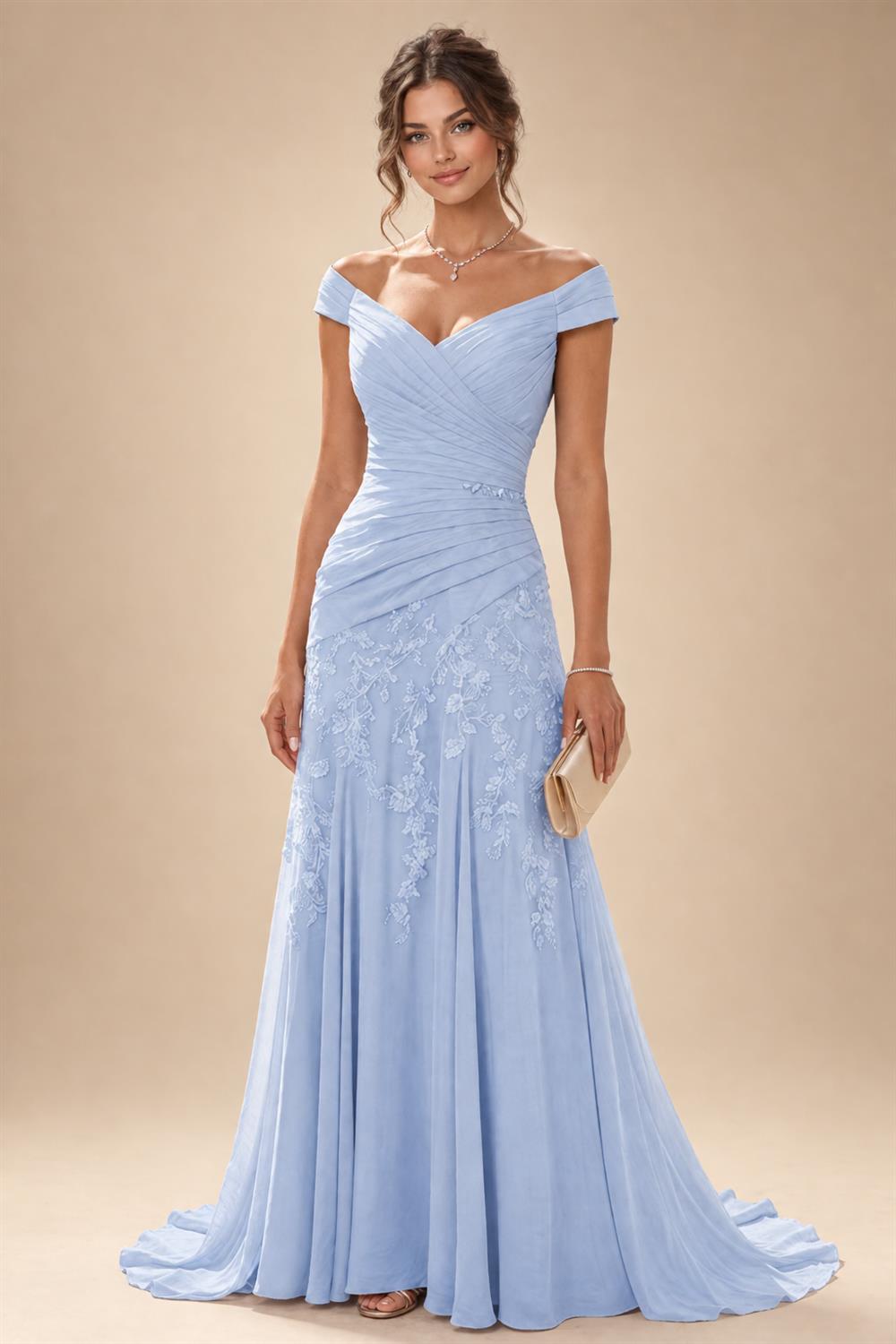 Chiffon Lace A-Line/Princess Off Shoulder Long Mother of the Bride & Groom Dresses with Ruched Waist & Sweep Train (SHI22501250)