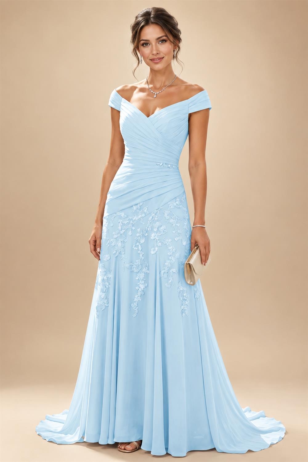 Chiffon Lace A-Line/Princess Off Shoulder Long Mother of the Bride & Groom Dresses with Ruched Waist & Sweep Train (SHI22501250)