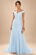 Chiffon Lace A-Line/Princess Off Shoulder Long Mother of the Bride & Groom Dresses with Ruched Waist & Sweep Train (SHI22501250)