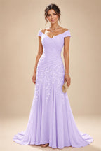 Chiffon Lace A-Line/Princess Off Shoulder Long Mother of the Bride & Groom Dresses with Ruched Waist & Sweep Train (SHI22501250)
