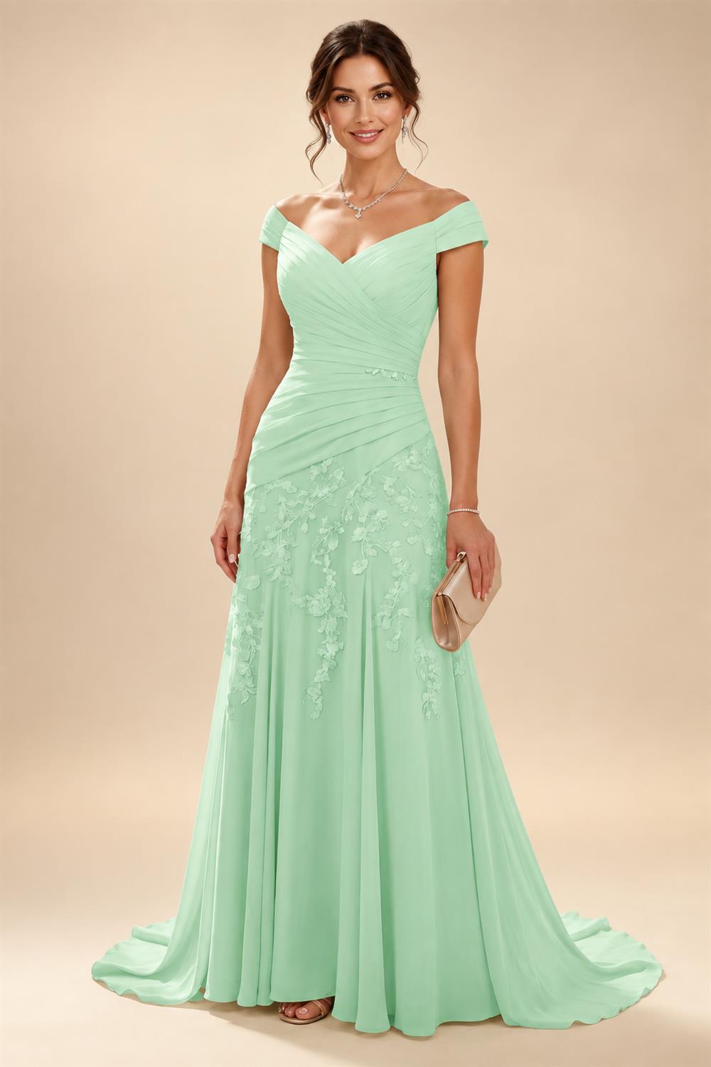 Chiffon Lace A-Line/Princess Off Shoulder Long Mother of the Bride & Groom Dresses with Ruched Waist & Sweep Train (SHI22501250)