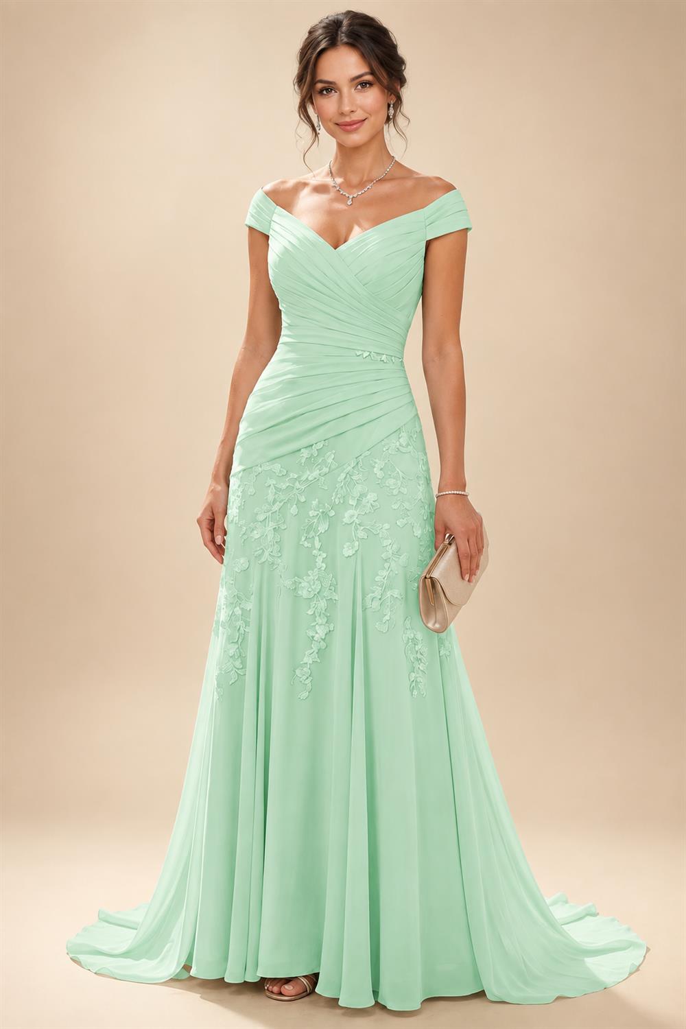 Chiffon Lace A-Line/Princess Off Shoulder Long Mother of the Bride & Groom Dresses with Ruched Waist & Sweep Train (SHI22501250)