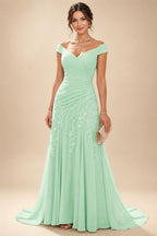 Chiffon Lace A-Line/Princess Off Shoulder Long Mother of the Bride & Groom Dresses with Ruched Waist & Sweep Train (SHI22501250)