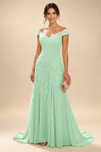 Chiffon Lace A-Line/Princess Off Shoulder Long Mother of the Bride & Groom Dresses with Ruched Waist & Sweep Train (SHI22501250)