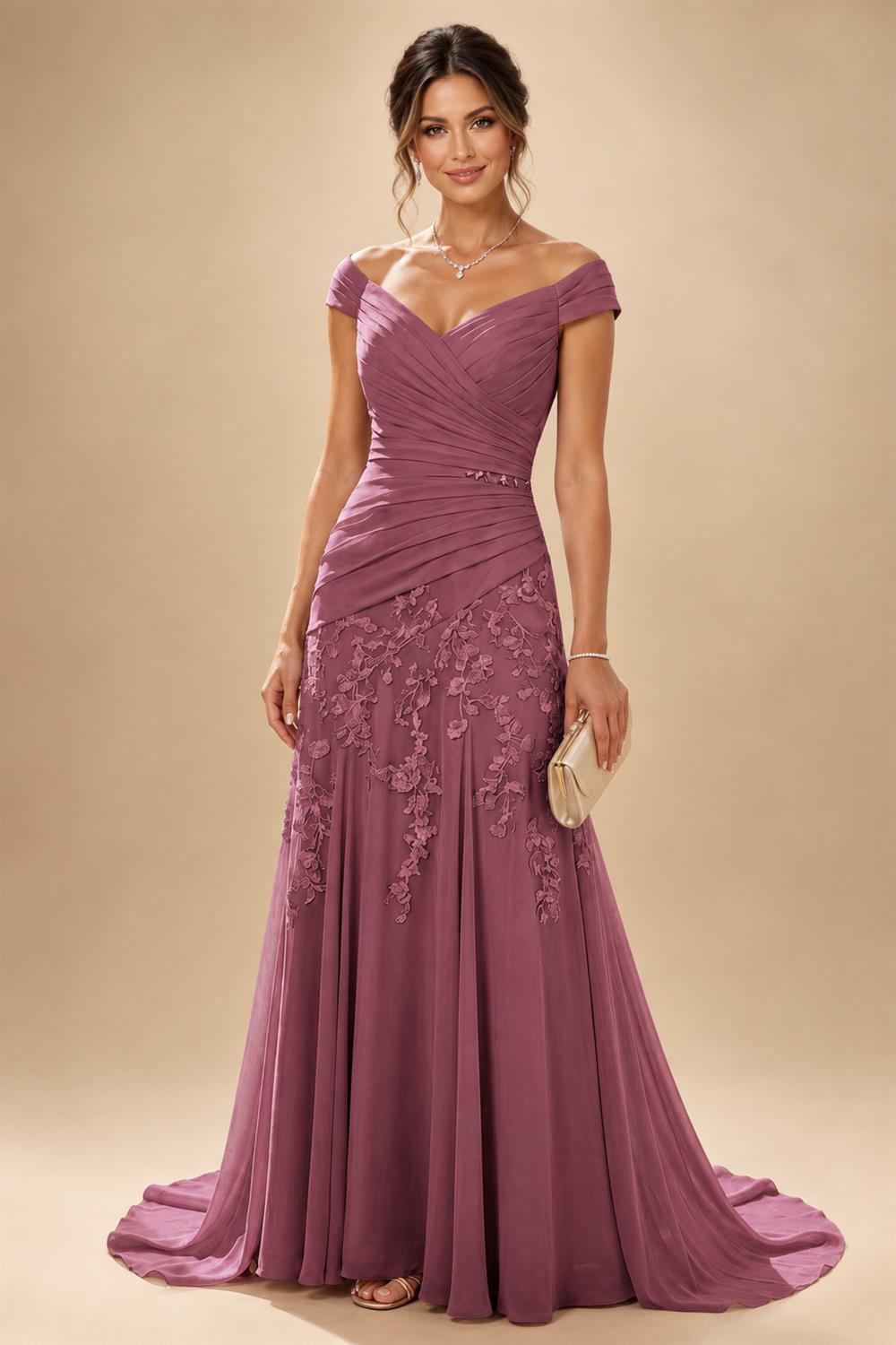 Chiffon Lace A-Line/Princess Off Shoulder Long Mother of the Bride & Groom Dresses with Ruched Waist & Sweep Train (SHI22501250)