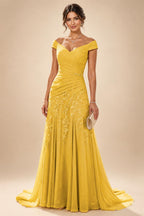 Chiffon Lace A-Line/Princess Off Shoulder Long Mother of the Bride & Groom Dresses with Ruched Waist & Sweep Train (SHI22501250)