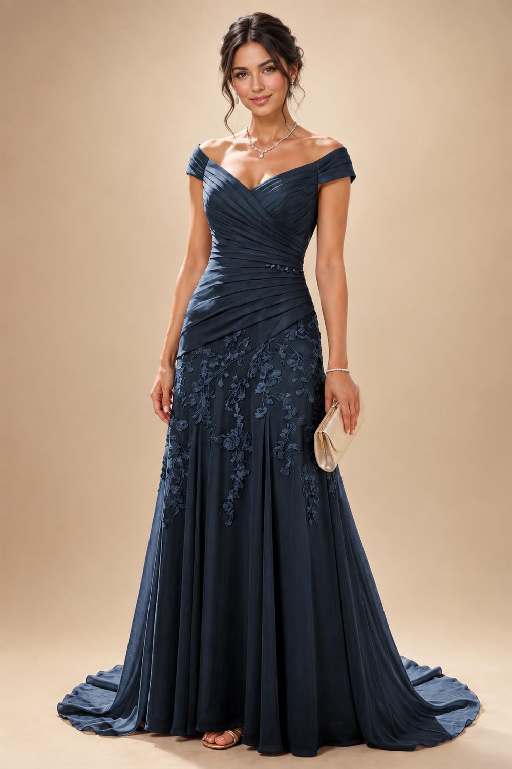 Chiffon Lace A-Line/Princess Off Shoulder Long Mother of the Bride & Groom Dresses with Ruched Waist & Sweep Train (SHI22501250)