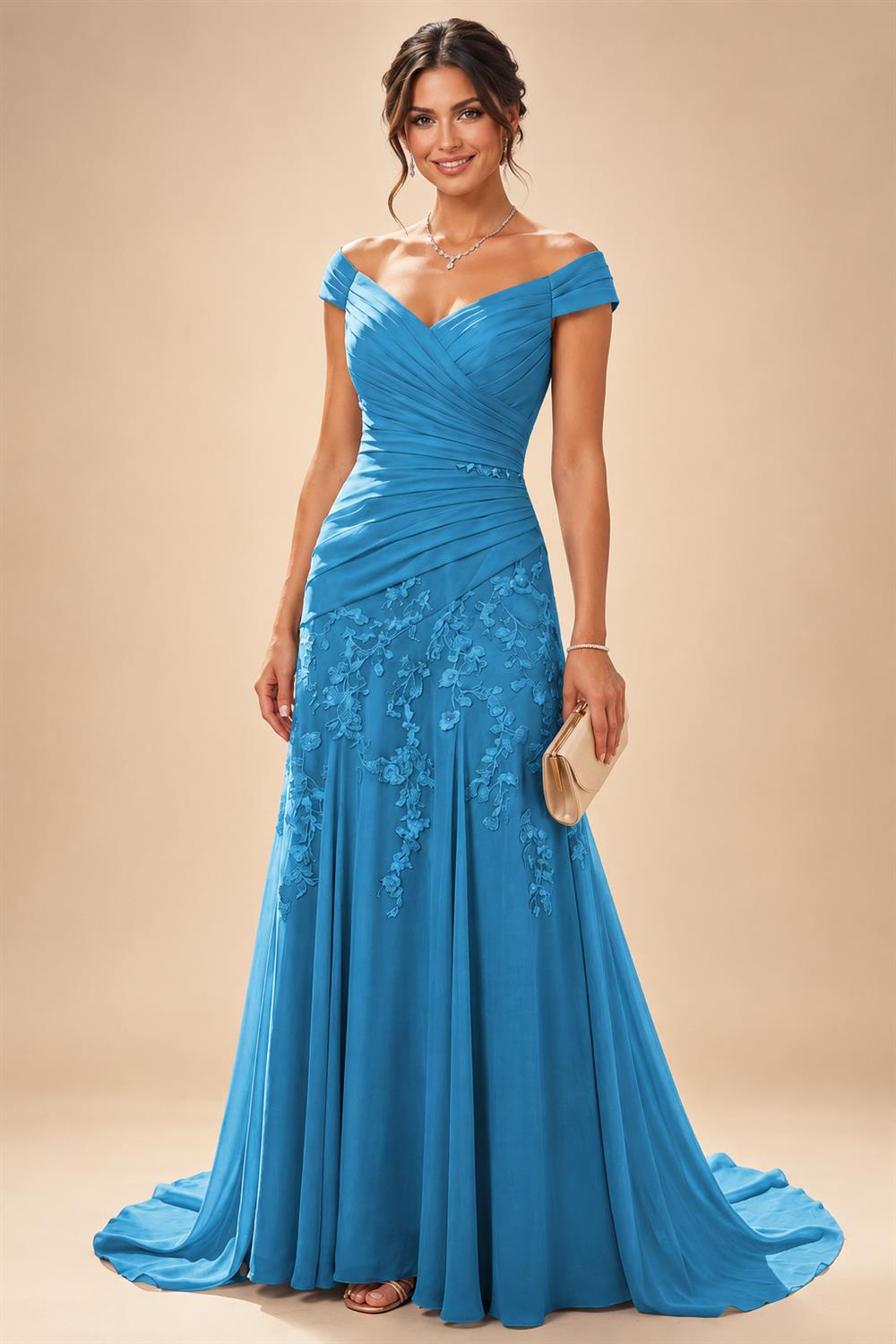 Chiffon Lace A-Line/Princess Off Shoulder Long Mother of the Bride & Groom Dresses with Ruched Waist & Sweep Train (SHI22501250)