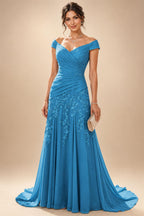 Chiffon Lace A-Line/Princess Off Shoulder Long Mother of the Bride & Groom Dresses with Ruched Waist & Sweep Train (SHI22501250)