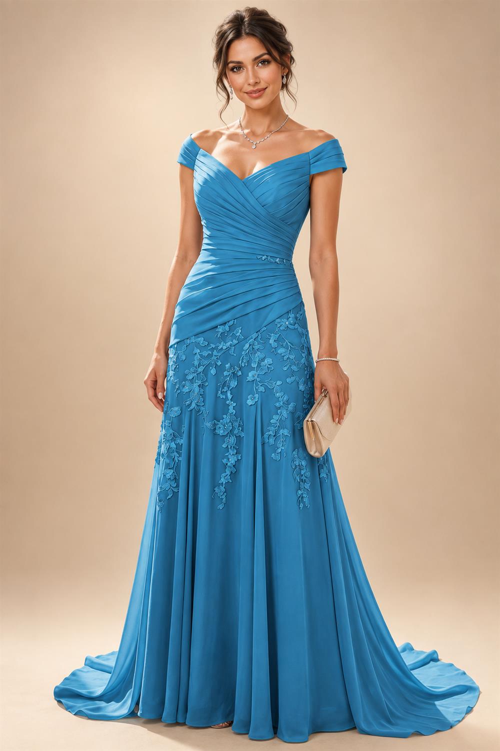 Chiffon Lace A-Line/Princess Off Shoulder Long Mother of the Bride & Groom Dresses with Ruched Waist & Sweep Train (SHI22501250)