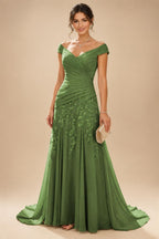 Chiffon Lace A-Line/Princess Off Shoulder Long Mother of the Bride & Groom Dresses with Ruched Waist & Sweep Train (SHI22501250)