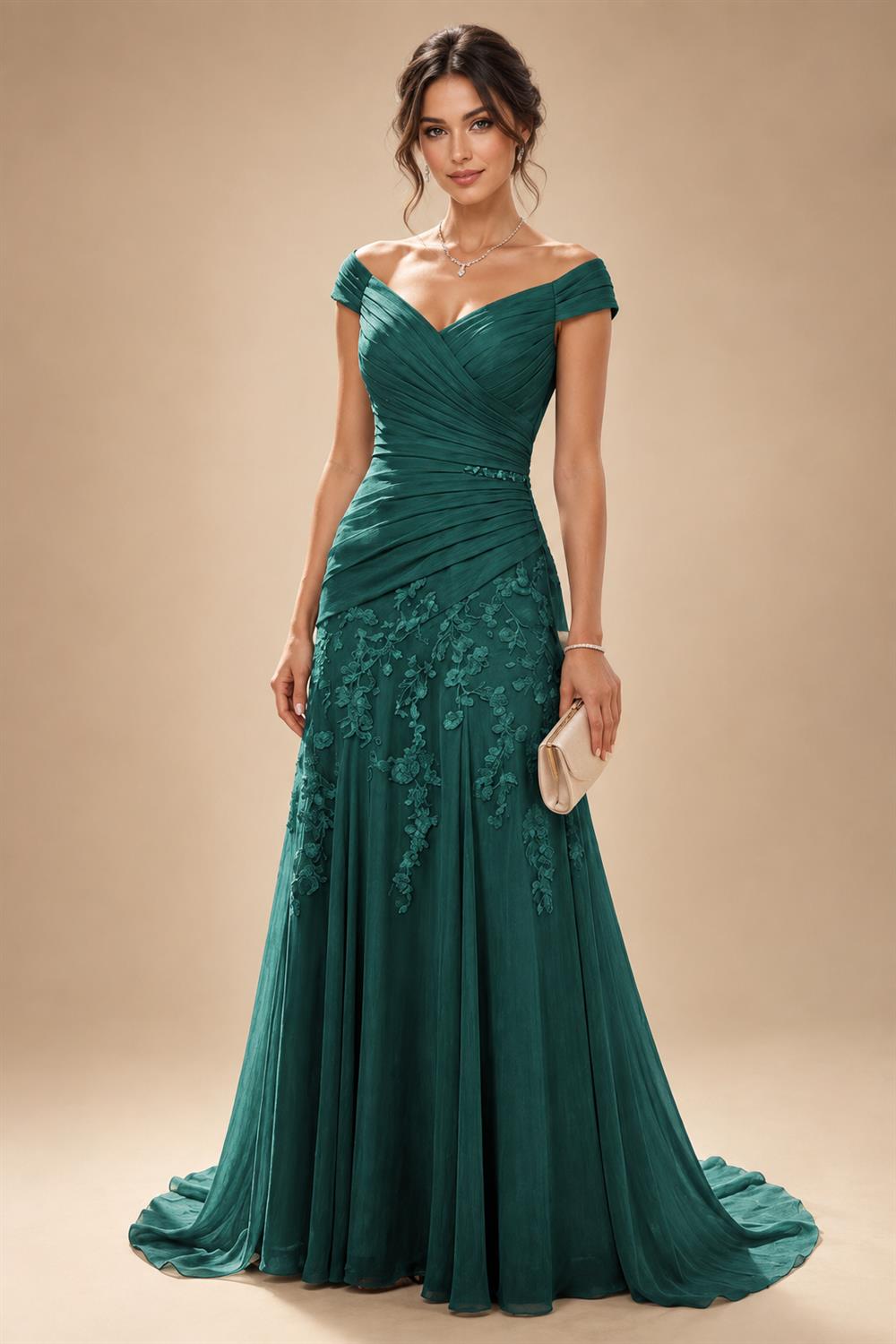 Chiffon Lace A-Line/Princess Off Shoulder Long Mother of the Bride & Groom Dresses with Ruched Waist & Sweep Train (SHI22501250)