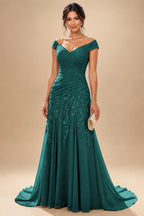Chiffon Lace A-Line/Princess Off Shoulder Long Mother of the Bride & Groom Dresses with Ruched Waist & Sweep Train (SHI22501250)