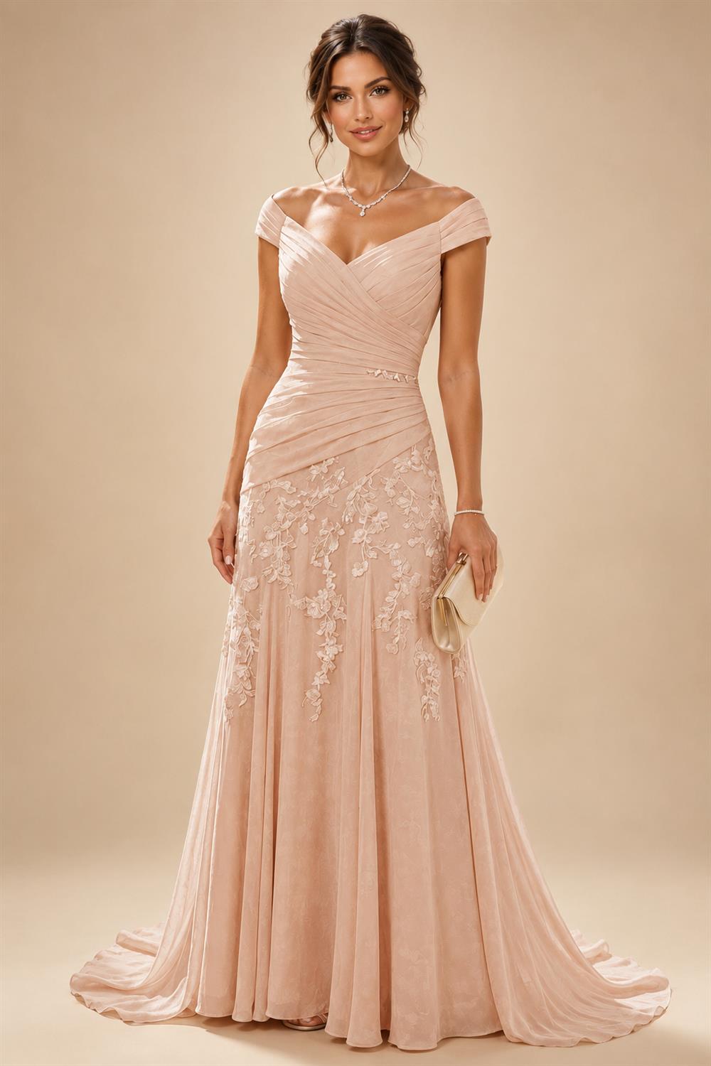 Chiffon Lace A-Line/Princess Off Shoulder Long Mother of the Bride & Groom Dresses with Ruched Waist & Sweep Train (SHI22501250)