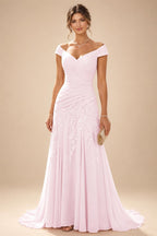 Chiffon Lace A-Line/Princess Off Shoulder Long Mother of the Bride & Groom Dresses with Ruched Waist & Sweep Train (SHI22501250)