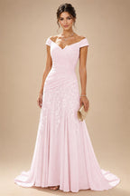 Chiffon Lace A-Line/Princess Off Shoulder Long Mother of the Bride & Groom Dresses with Ruched Waist & Sweep Train (SHI22501250)