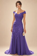 Chiffon Lace A-Line/Princess Off Shoulder Long Mother of the Bride & Groom Dresses with Ruched Waist & Sweep Train (SHI22501250)