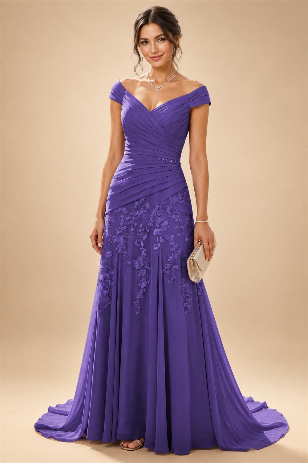 Chiffon Lace A-Line/Princess Off Shoulder Long Mother of the Bride & Groom Dresses with Ruched Waist & Sweep Train (SHI22501250)