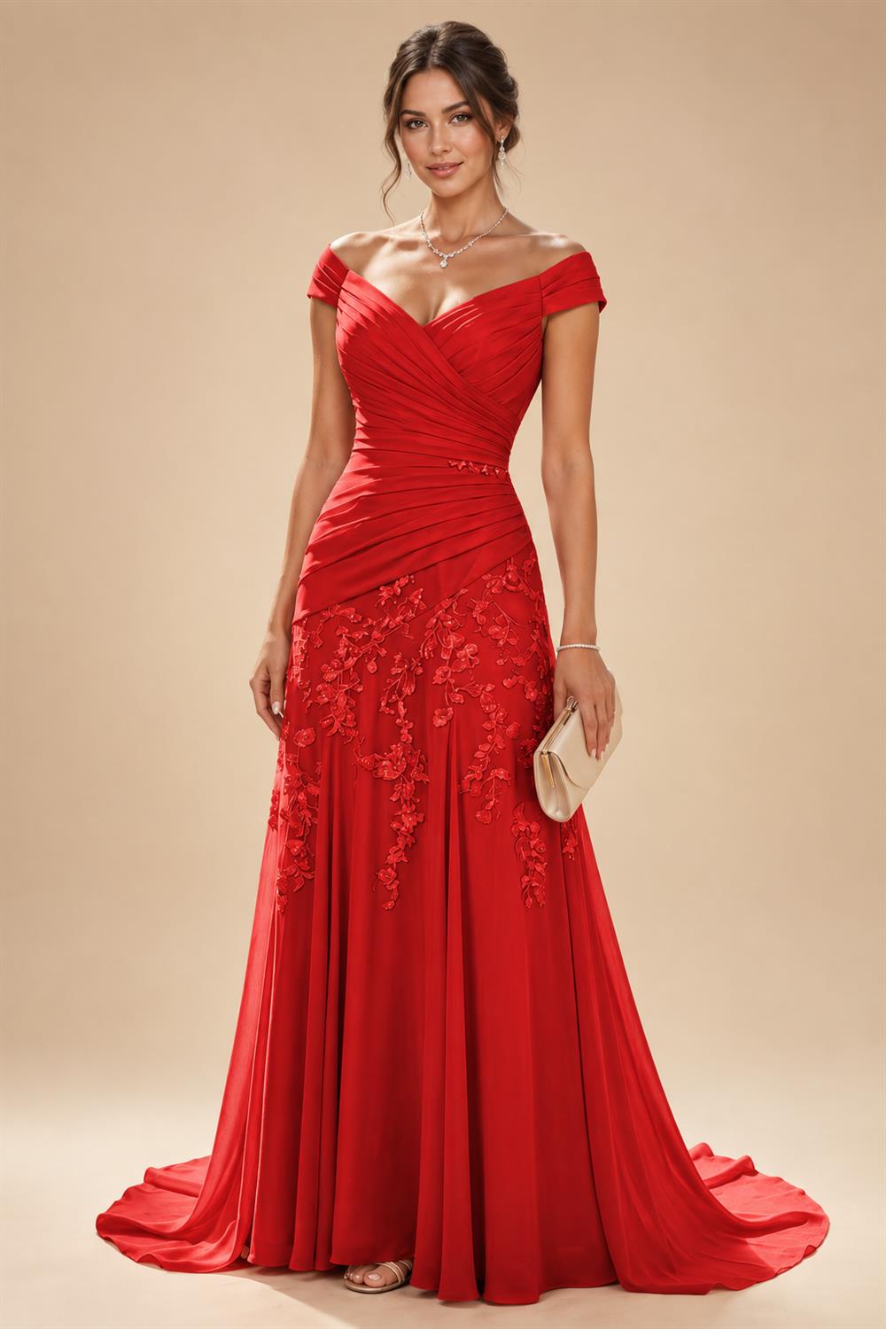 Chiffon Lace A-Line/Princess Off Shoulder Long Mother of the Bride & Groom Dresses with Ruched Waist & Sweep Train (SHI22501250)
