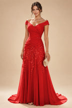 Chiffon Lace A-Line/Princess Off Shoulder Long Mother of the Bride & Groom Dresses with Ruched Waist & Sweep Train (SHI22501250)
